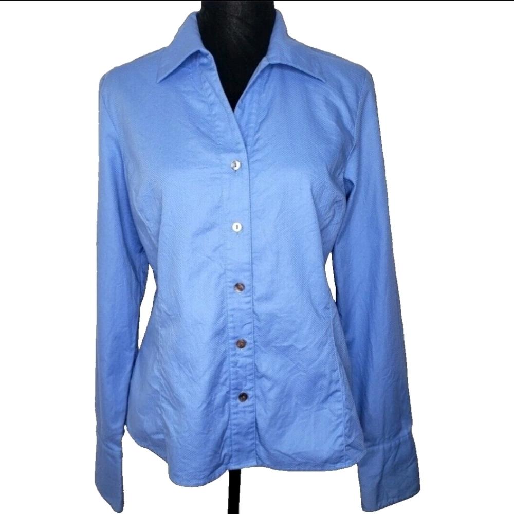 Vintage 90s Does 70s Button Up Shirt Size 8P Blue Wide Cuff Retro